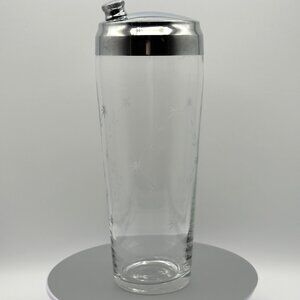 Vintage Mid Century Modern Etched Glass Cocktail Shaker Chrome Lid 10.5” MCM